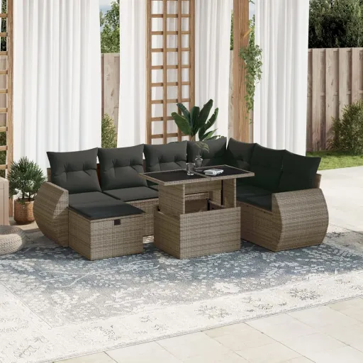 Conjunto Sofás de Jardim c/ Almofadões Vime PE Cinzento (8 pcs)