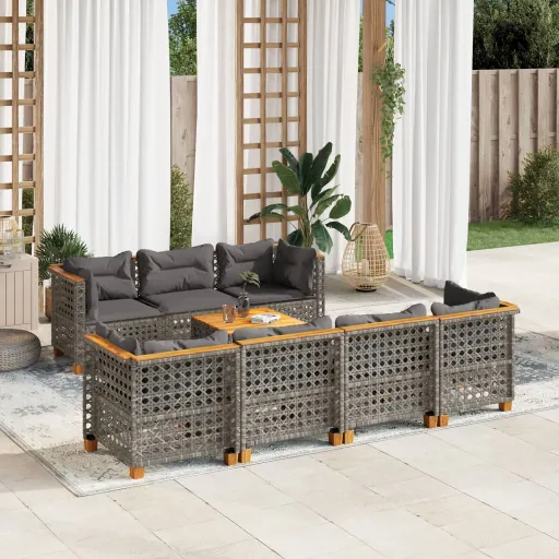 Conjunto Sofás de Jardim c/ Almofadões Vime PE Cinzento (8 pcs)