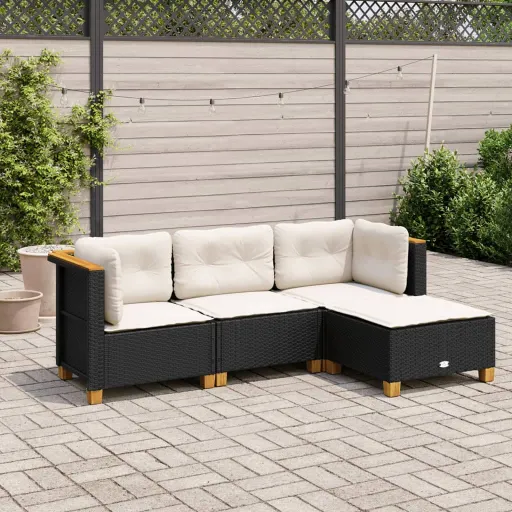 Conjunto de Sofás para Jardim c/ Almofadões Vime PE Preto (4 pcs)