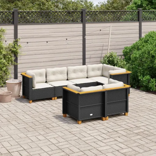 Conjunto de Sofás p/ Jardim c/ Almofadões Vime PE Preto (7 pcs)