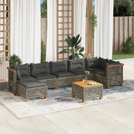 Conjunto Sofás de Jardim c/ Almofadões Vime PE Cinzento (8 pcs)