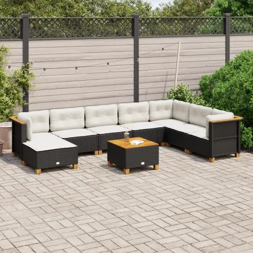 Conjunto de Sofás p/ Jardim c/ Almofadões Vime PE Preto (9 pcs)