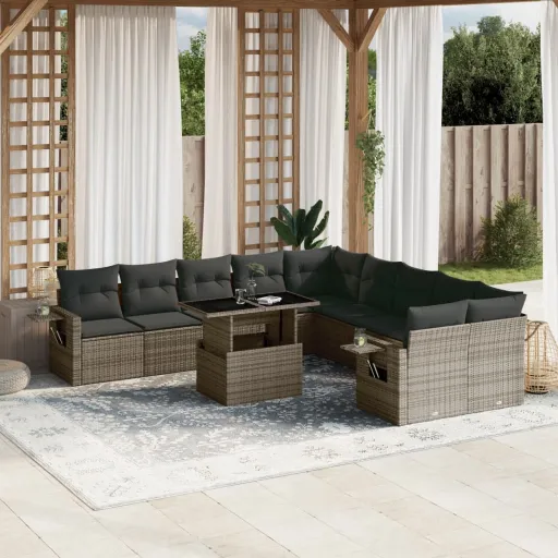 Conjunto Sofás de Jardim c/ Almofadões Vime PE Cinzento (11 pcs)