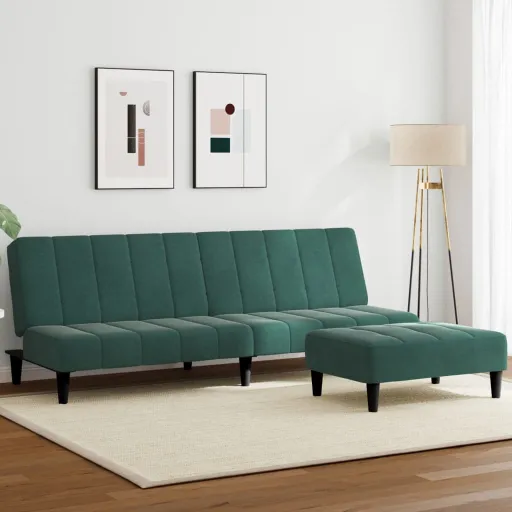 Sofá-Cama 2 Lugares c/ Apoio de Pés Veludo Verde-Escuro