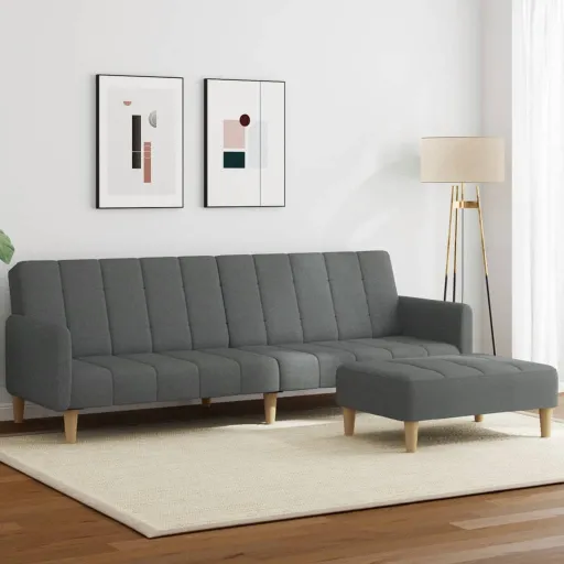 Sofá-Cama de 2 Lugares c/ Apoio de Pés Tecido Cinzento-Escuro