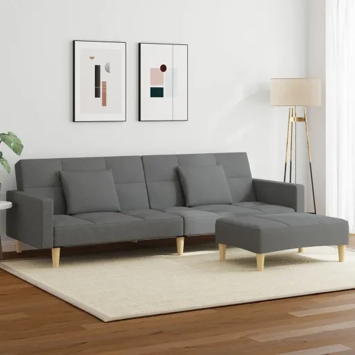 Sofá-Cama de 2 Lugares c/ Apoio de Pés Tecido Cinzento-Escuro