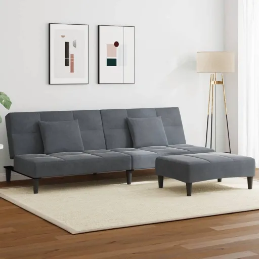Sofá-Cama 2 Lugares c/ Apoio de Pés Veludo Cinzento-Escuro