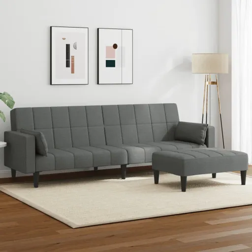 Sofá-Cama de 2 Lugares c/ Apoio de Pés Tecido Cinzento-Escuro
