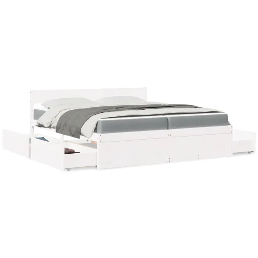 Cama com Gavetas e Colchão 200x200 cm Pinho Maciço Branco