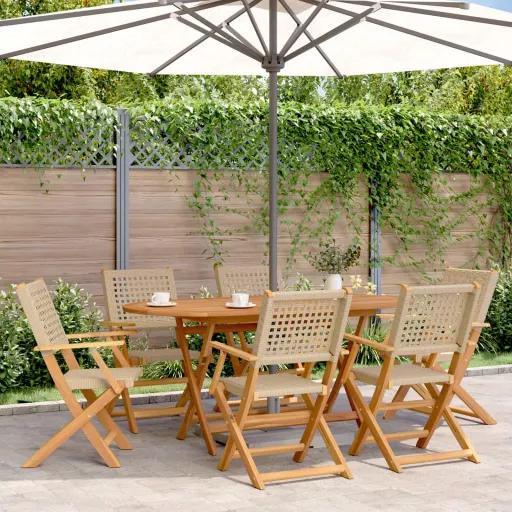 Conjunto de Jantar p/ Jardim Vime PE/ Madeira Maciça Bege (7 pcs)