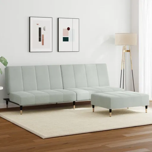 Sofá-Cama 2 Lugares c/ Apoio de Pés Veludo Cinza-Claro