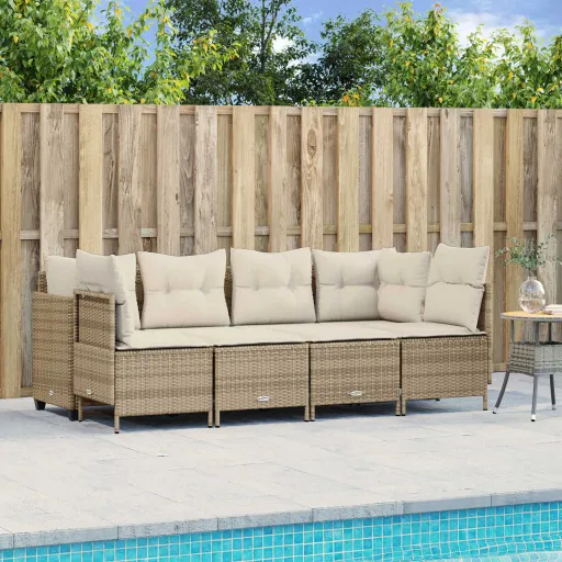 Conjunto de Sofás p/ Jardim com Almofadões Vime PE Bege (5 pcs)