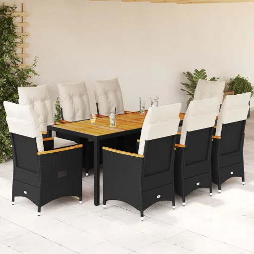 Conjunto de Jantar p/ Jardim c/ Almofadões Vime PE Preto (9 pcs)