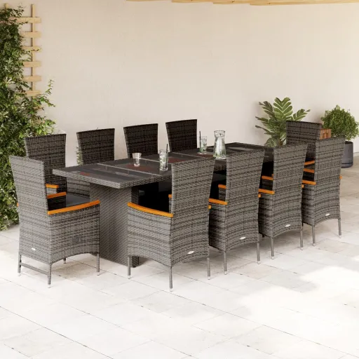 Conjunto Jantar p/ Jardim c/ Almofadões Vime PE Cinzento (11 pcs)