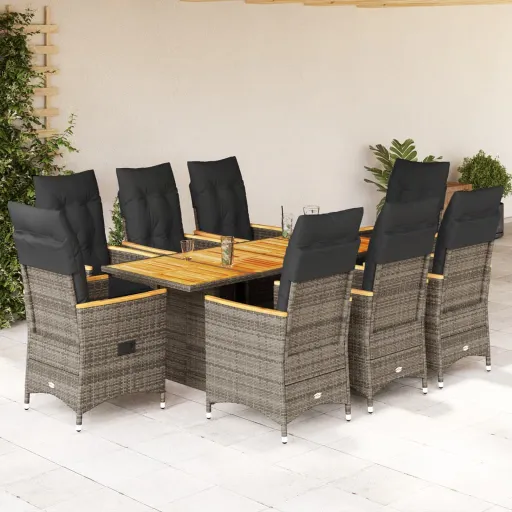 Conjunto de Jantar p/ Jardim c/ Almofadões Vime PE Cinza (9 pcs)