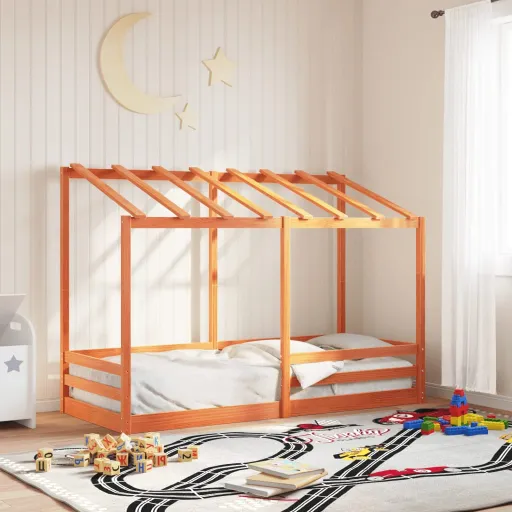 Cama Infantil c/ Telhado 90x190 cm Pinho Maciço Castanho-Mel