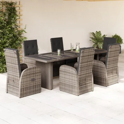 Conjunto de Jantar p/ Jardim c/ Almofadões Vime PE Cinza (7 pcs)