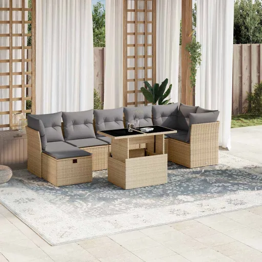 Conjunto de Sofás p/ Jardim com Almofadões Vime PE Bege (8 pcs)