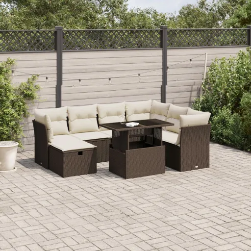 Conjunto Sofás de Jardim c/ Almofadões Vime PE Castanho (8 pcs)
