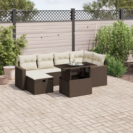 Conjunto de Sofás Jardim c/ Almofadões Vime PE Castanho (7 pcs)
