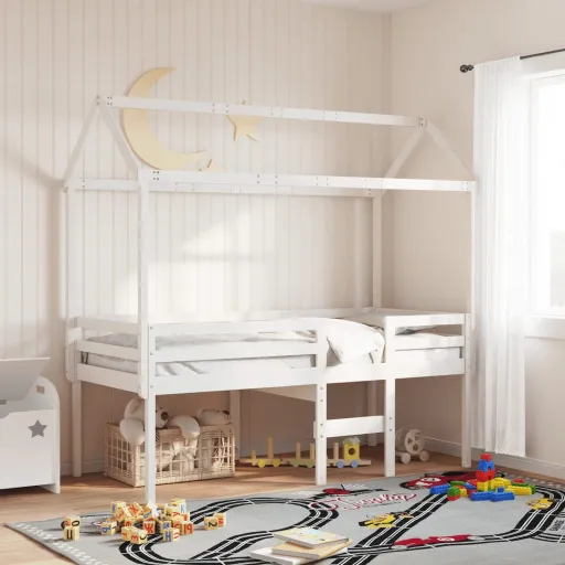 Cama Alta com Telhado 80x200 cm Pinho Maciço Branco