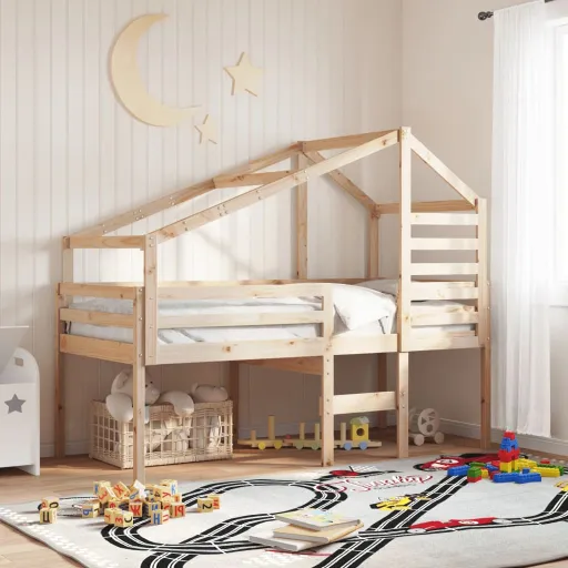 Cama Alta com Telhado 90x200 cm Pinho Maciço