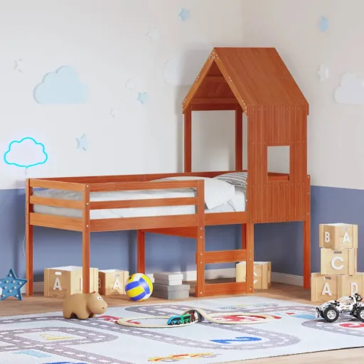 Cama Alta com Telhado 80x200 cm Pinho Maciço Castanho-Mel