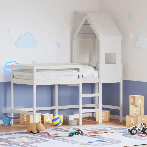 Cama Alta c/ Escada e Telhado 90x190 cm Pinho Maciço Branco