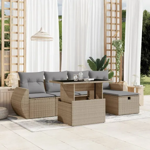 Conjunto de Sofás p/ Jardim com Almofadões Vime PE Bege (6 pcs)