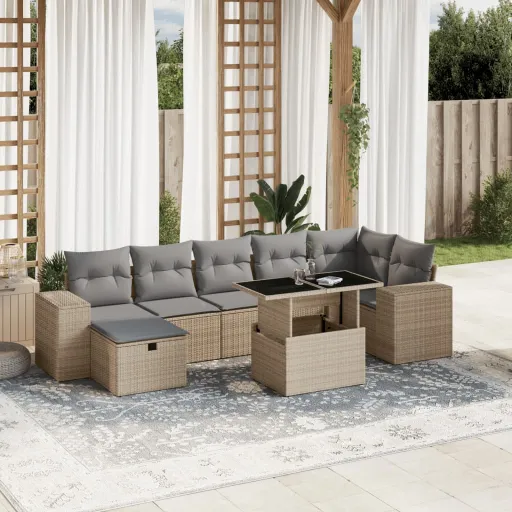 Conjunto de Sofás p/ Jardim com Almofadões Vime PE Bege (8 pcs)