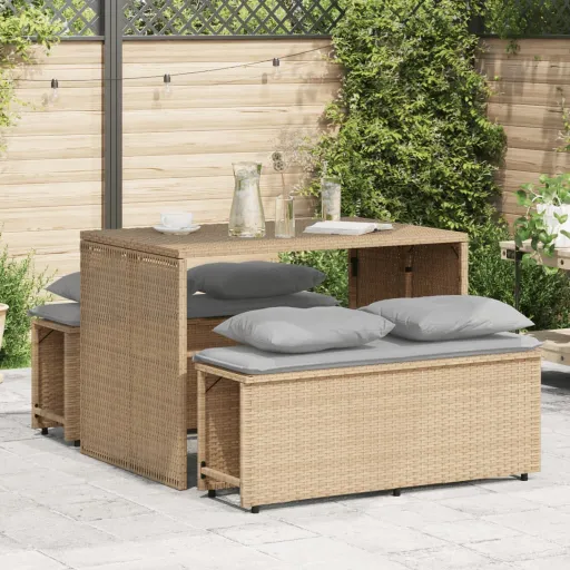 Conjunto de Jantar p/ Jardim com Almofadões Vime PE Bege (3 pcs)