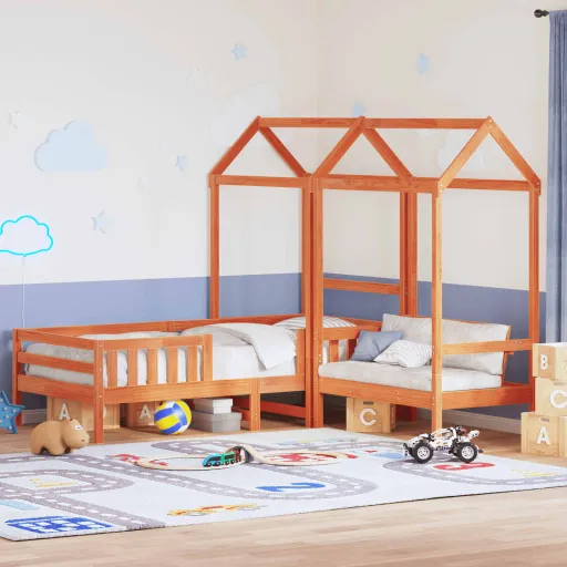 Conj. de Cama e Banco c/ Telhado 90x200 cm Pinho Castanho-Mel