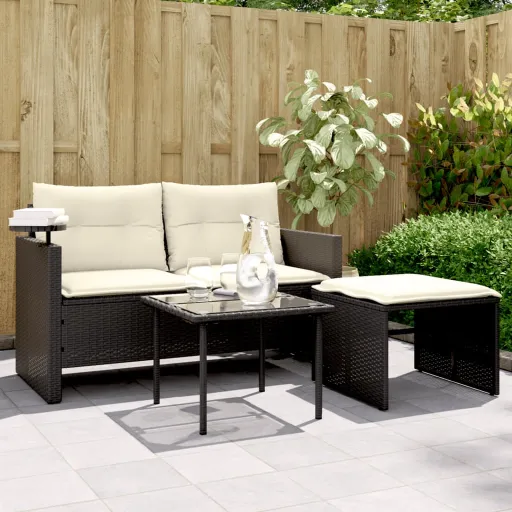 Conjunto Sofás de Jardim com Almofadões Vime PE Preto (3 pcs)