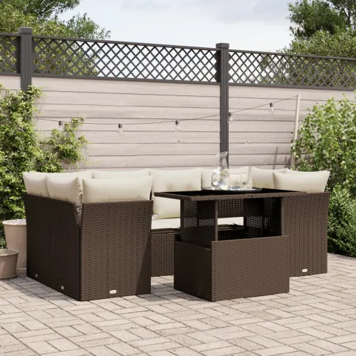 Conjunto de Sofás Jardim c/ Almofadões Vime PE Castanho (7 pcs)