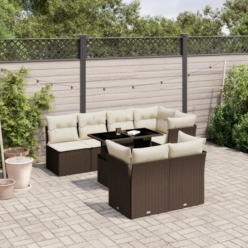 Conjunto Sofás de Jardim c/ Almofadões Vime PE Castanho (8 pcs)