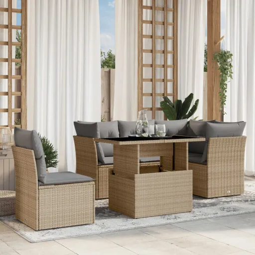 Conjunto de Sofás p/ Jardim com Almofadões Vime PE Bege (6 pcs)