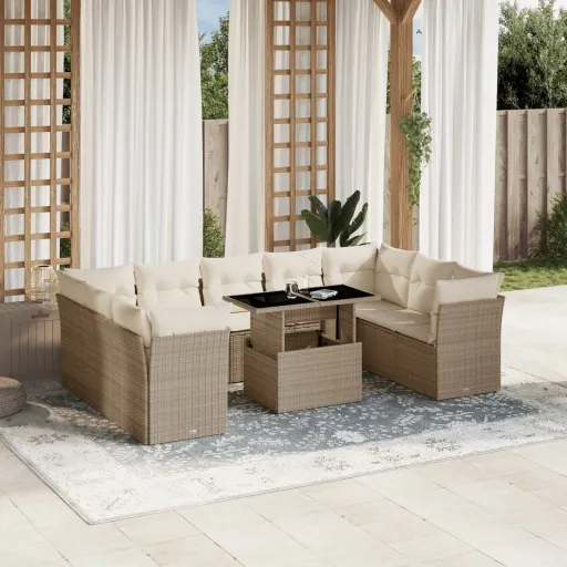 Conjunto de Sofás p/ Jardim com Almofadões Vime PE Bege (10 pcs)