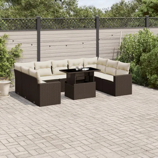 Conj. Sofás Jardim com Almofadões Vime PE Castanho (10 pcs)