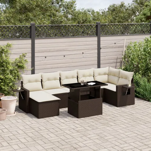Conjunto Sofás de Jardim c/ Almofadões Vime PE Castanho (8 pcs)