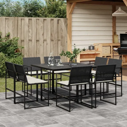 Conjunto de Jantar p/ Jardim c/ Almofadões Vime PE Preto (9 pcs)