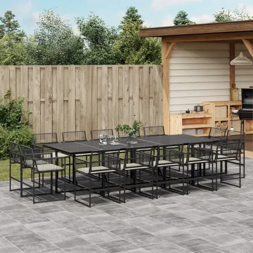 Conjunto de Jantar p/Jardim com Almofadões Vime PE Preto (15 pcs)