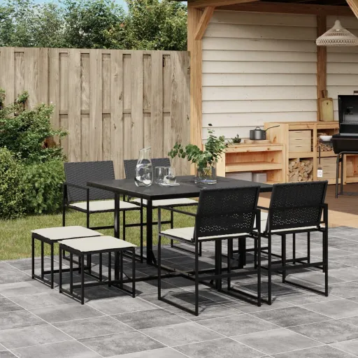 Conjunto de Jantar p/ Jardim c/ Almofadões Vime PE Preto (9 pcs)