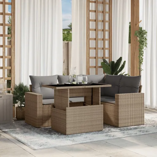Conjunto de Sofás p/ Jardim com Almofadões Vime PE Bege (5 pcs)