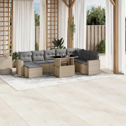 Conjunto de Sofás p/ Jardim com Almofadões Vime PE Bege (9 pcs)