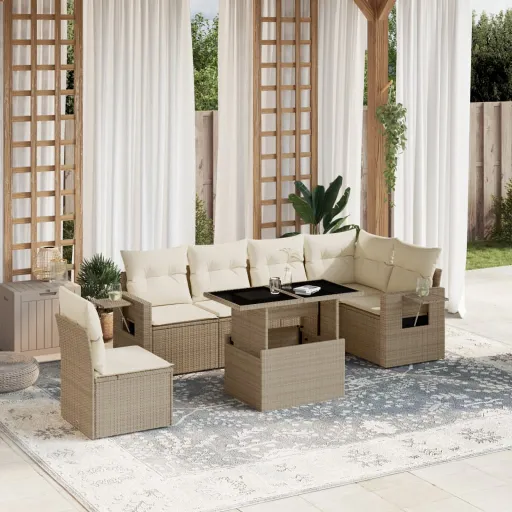 Conjunto de Sofás p/ Jardim com Almofadões Vime PE Bege (7 pcs)