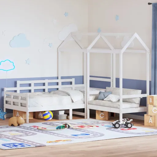 Conj. Sofá-Cama e Banco c/ Telhado 80x200cm Pinho Maciço Branco