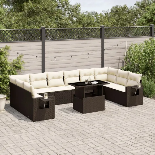 Conjunto Sofás de Jardim c/ Almofadões Vime PE Castanho (11 pcs)