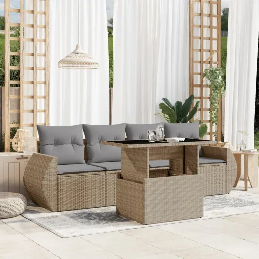 Conjunto de Sofás p/ Jardim com Almofadões Vime PE Bege (5 pcs)