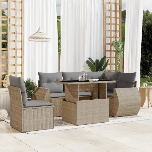 Conjunto de Sofás p/ Jardim com Almofadões Vime PE Bege (6 pcs)