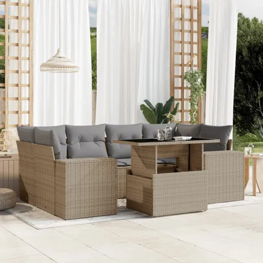 Conjunto de Sofás p/ Jardim com Almofadões Vime PE Bege (7 pcs)